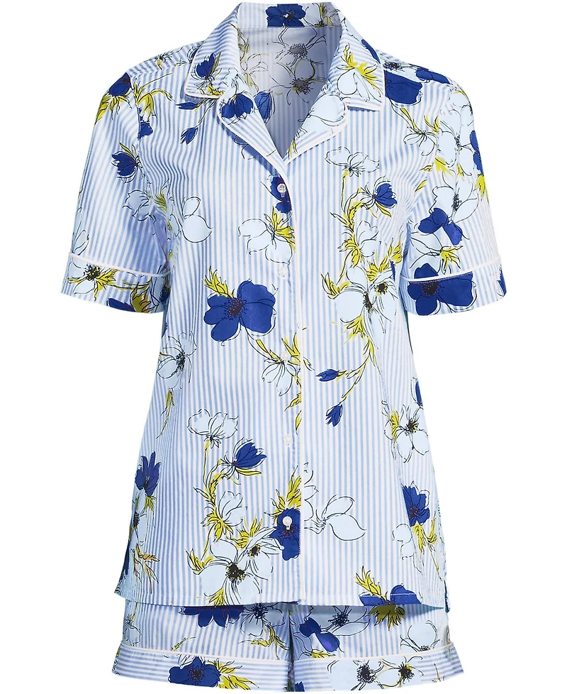 Lands' End Women's Cotton Poplin 2 Piece Pajama Set - Short Sleeve Top and Shorts