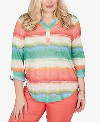 Alfred Dunner Women's Resort Living Biadere Tie Dye Stripe Henley Top