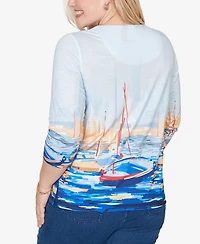 Alfred Dunner Women's Port Side Harbor Scene Printed Top