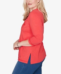 Alfred Dunner Women's Port Side Tonal Embroidered Split-Neck Top