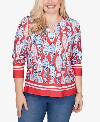 Alfred Dunner Women's Port Side Mosaic Fish Split Beaded Neck Top