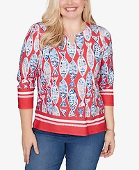 Alfred Dunner Women's Port Side Mosaic Fish Split Beaded Neck Top