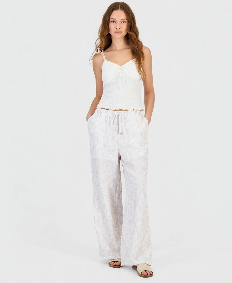Sincerely Jules Juniors' Floral Embroidered Wide-Leg Drawstring Pants