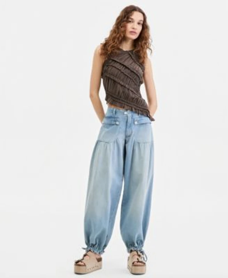 Free People Womens Sleeveless Smocked Tank Top Mid Rise Balloon Jeans