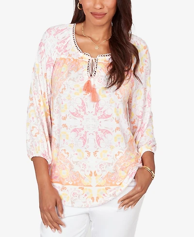 Ruby Rd. Petite Tapestry Print Drawstring Peasant Top