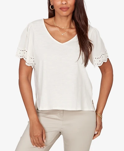 Ruby Rd. Petite Eyelet Poplin Sleeve Slub Knit Top