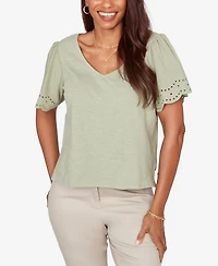 Ruby Rd. Petite Eyelet Poplin Sleeve Slub Knit Top