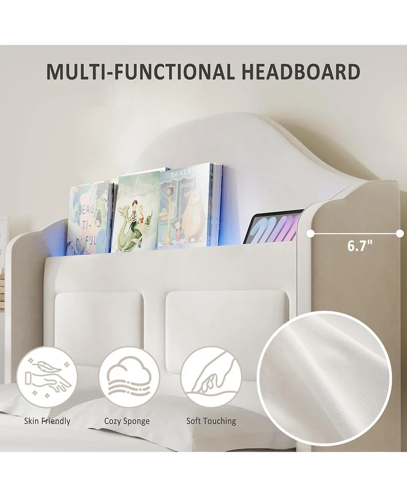 gaomon Kids Twin Bed Frame with Velvet Upholstery, Storage Headboard & Led Lights