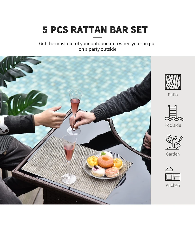 Outsunny 5PC Rat Wicker Bar Set Bistro Patio Backyard Table&2 Stool Garden Furniture