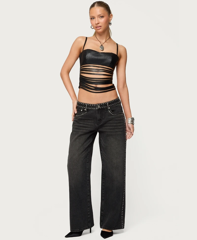 Edikted Women's Nia Cutout Shredded Faux Leather Top