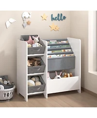 Rainsken Wooden Bookshelf, 4 Tier Kids Book Display Unit with 3 Collapsible Fabric Drawers, Toy Storage Organizer for Playroom and Nursery