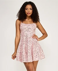 Emerald Sundae Juniors' Sequined Lace Fit & Flare Dress