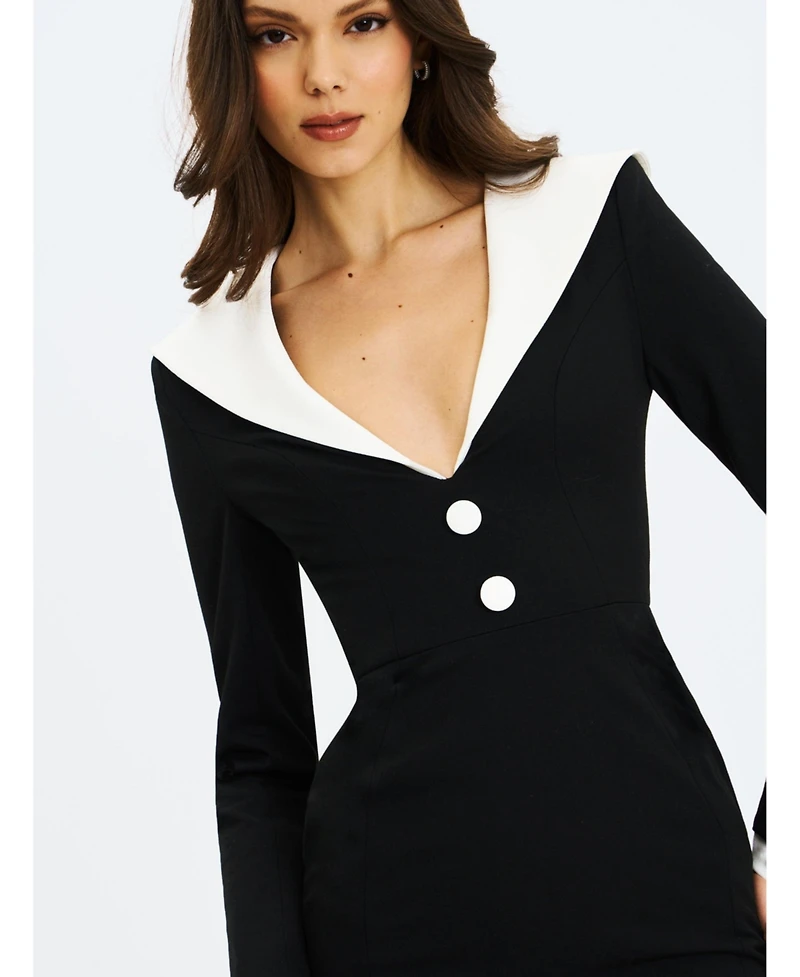 Miss Circle Women's Heather Black Collared Decorative Button-Front Mini Dress