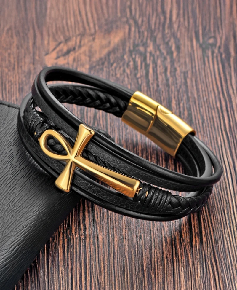 Rhona Sutton Men's Crux Gold-Tone Leather & Stainless Steel Bracelet