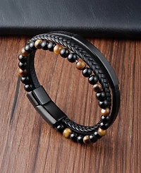 Rhona Sutton Men's Varen Cuff Tigers Eye Leather Bracelet in Stainless Steel