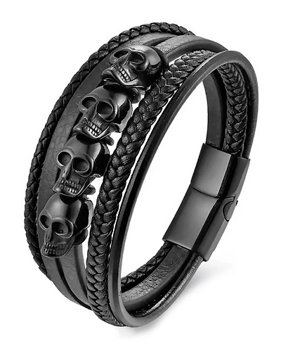 Rhona Sutton Men's Obsidian Skull Leather & Stainless Steel Bracelet