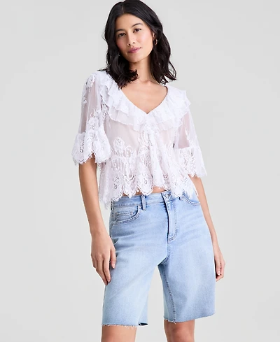 And Now This Women's Lace Short-Sleeve V-Neck Ruffle Woven Top, Macy's Exclusive