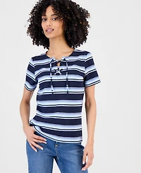 Style & Co Petite Striped Lace-Up Short-Sleeve Top, Macy's Exclusive