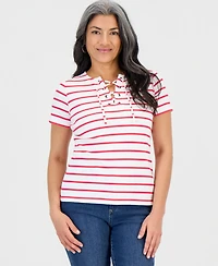 Style & Co Petite Striped Lace-Up Short-Sleeve Top, Macy's Exclusive
