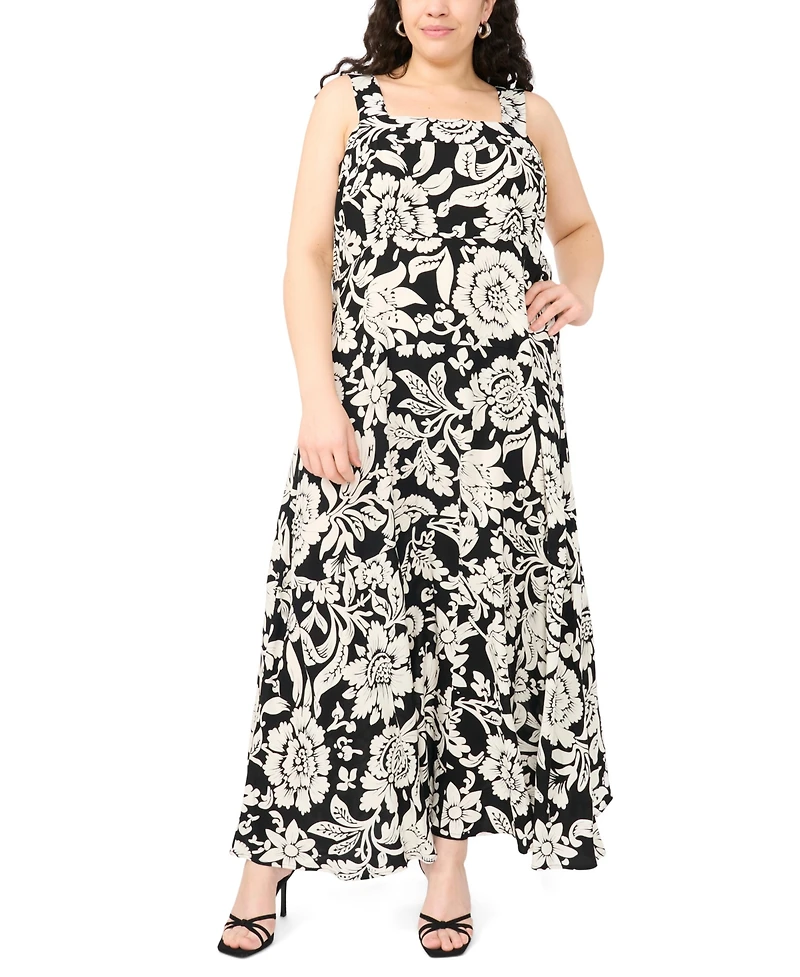 Vince Camuto Plus Printed Square-Neck Smocked-Back Sleeveless Maxi Dress