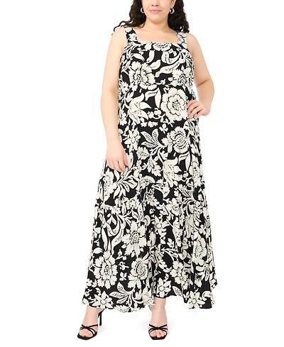 Vince Camuto Plus Printed Square-Neck Smocked-Back Sleeveless Maxi Dress