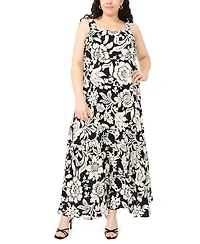Vince Camuto Plus Printed Square-Neck Smocked-Back Sleeveless Maxi Dress