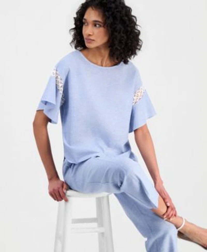 Anne Klein Womens Flutter Sleeve Lace Trim Top Drawstring Pants