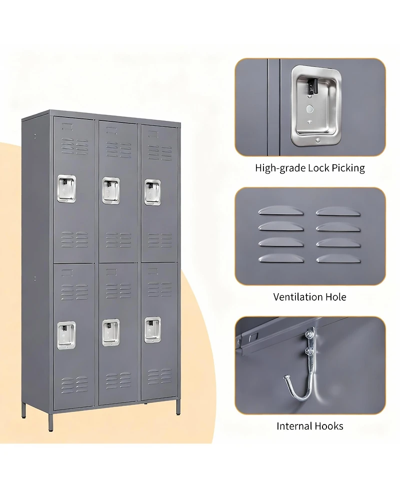 Yigii Large 72" Steel Locker with 6 Doors for Gym, Office, or School- Spacious, Durable, Easy Assembly