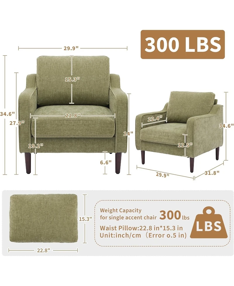 gaomon Mid-Century Modern Accent Chairs,Modern Linen Fabric Armchair for Living Room,Comfy Sofa Chairs with Scooped Arms