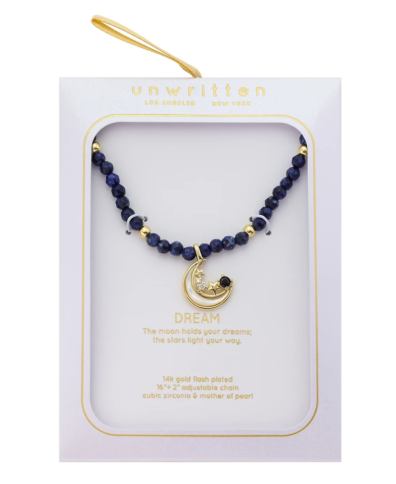 Unwritten Cubic Zirconia, Lapis and Mother of Pearl Beaded Necklace with Celestial Pendant