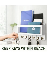Yigii Rustic Key & Mail Holder with 6 Hooks - Sturdy Wood Steel, Space-Saving, Easy Install