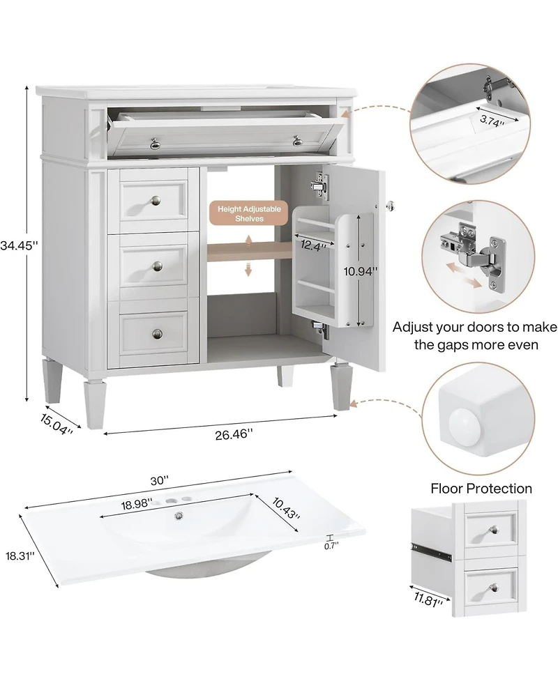 Tribesigns 30" Bathroom Vanity with Sink, Modern Bathroom Sink Cabinet with 4 Drawers & 2 Doors, Bath Storage Vanity Sink