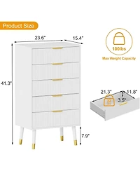 gaomon Fluted 5 Drawer Dresser Tall Dressers with Gold Metal Handles Small Storage Chest Cabinet Organizer Wood of Drawers