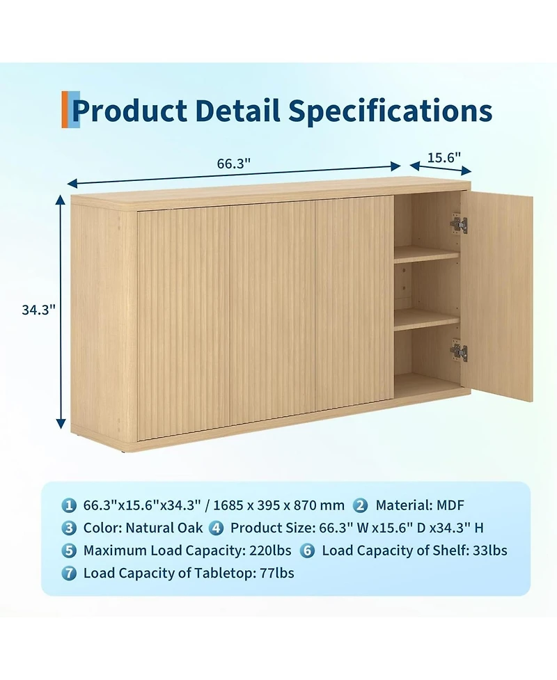 gaomon 66.3'' Fluted Oak Sideboard Cabinet with 4 Doors & Adjustable Shelves, Modern Wood Buffet Storage