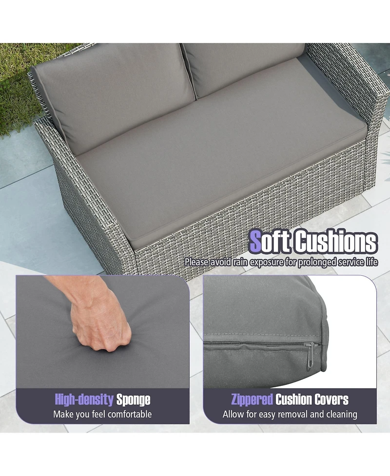 Gymax Set Of 4 Patio Furniture Set w/ 2 Rattan Chairs Loveseat Coffee Table Cushions