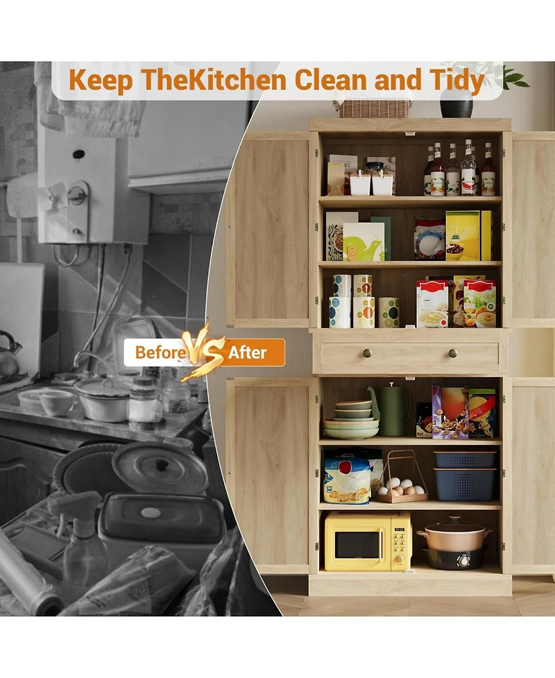 gaomon 72" Wooden Tall Pantry Cabinet, Kitchen Pantry Storage Cabinets with 4 Door & 4 Adjustable Shelves and a Drawer, Farmhouse Pantry Storage