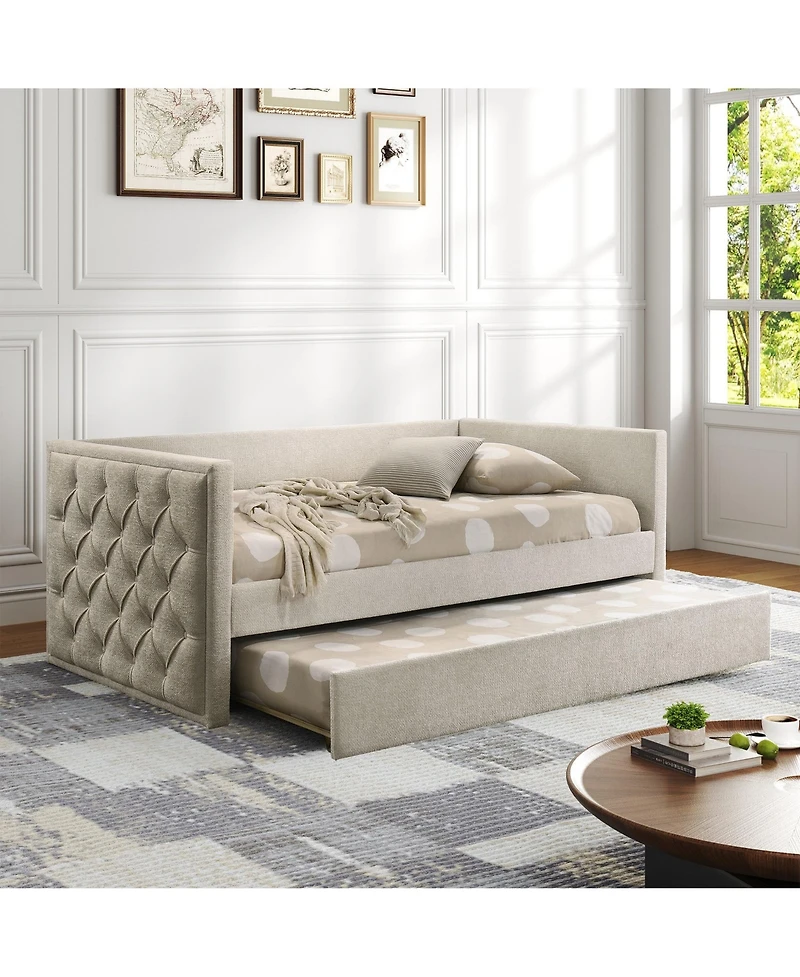 Clihome Modern Upholstered Trundle Daybed with Diamond Button Tufting