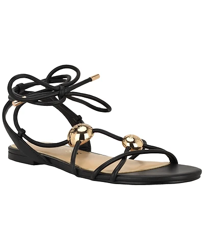 Guess Women's Tabell Strappy Gold Dome Tie-Up Flat Sandals
