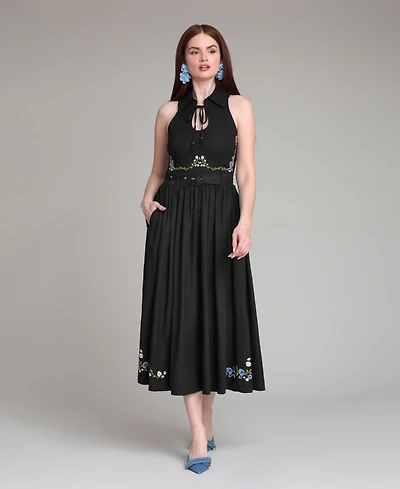 Avec Les Filles Women's Tie Neck Collared Midi Dress