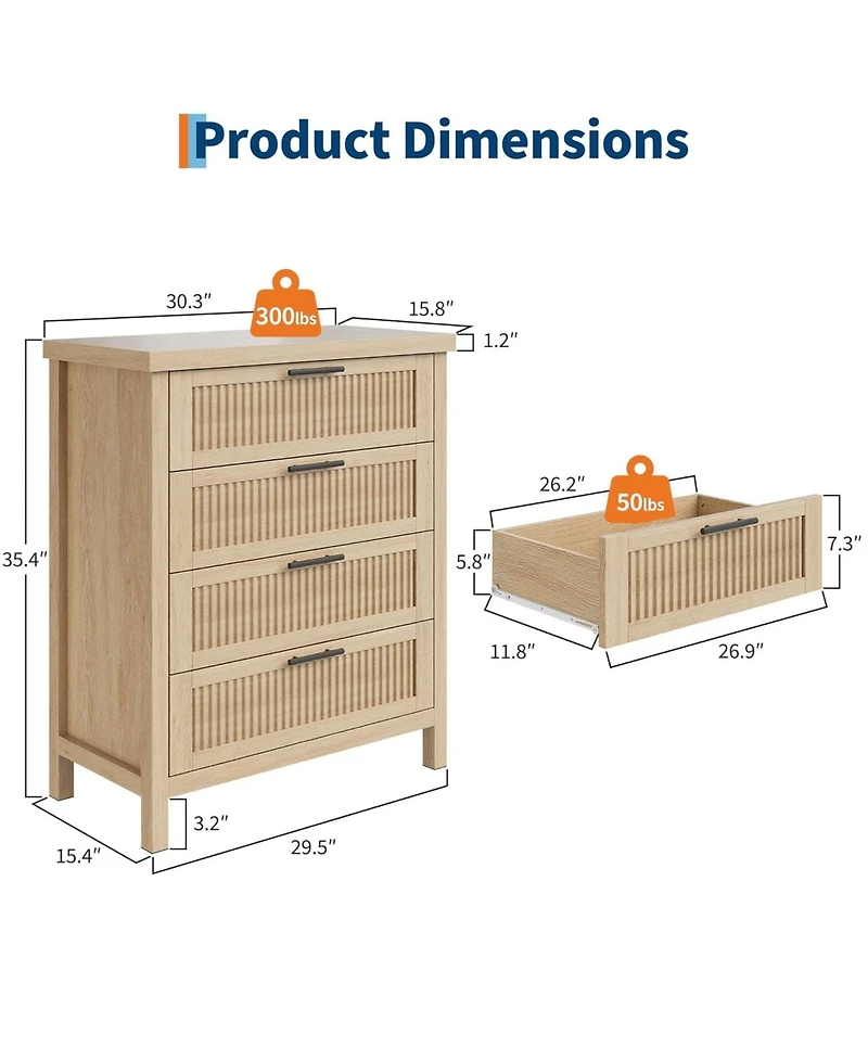 gaomon Fluted Dresser for Bedroom, Chest of Dressers 35.4" Tall Dresser for Closet with 4 Fluted Dressers Chest with Clothes Storage Cabinet