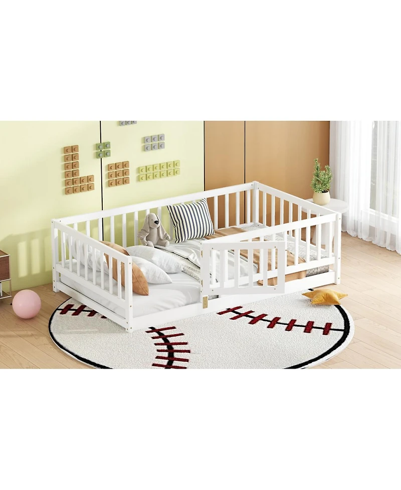Streamdale Furniture Twin Size Montessori Floor Bed with Fence and Door