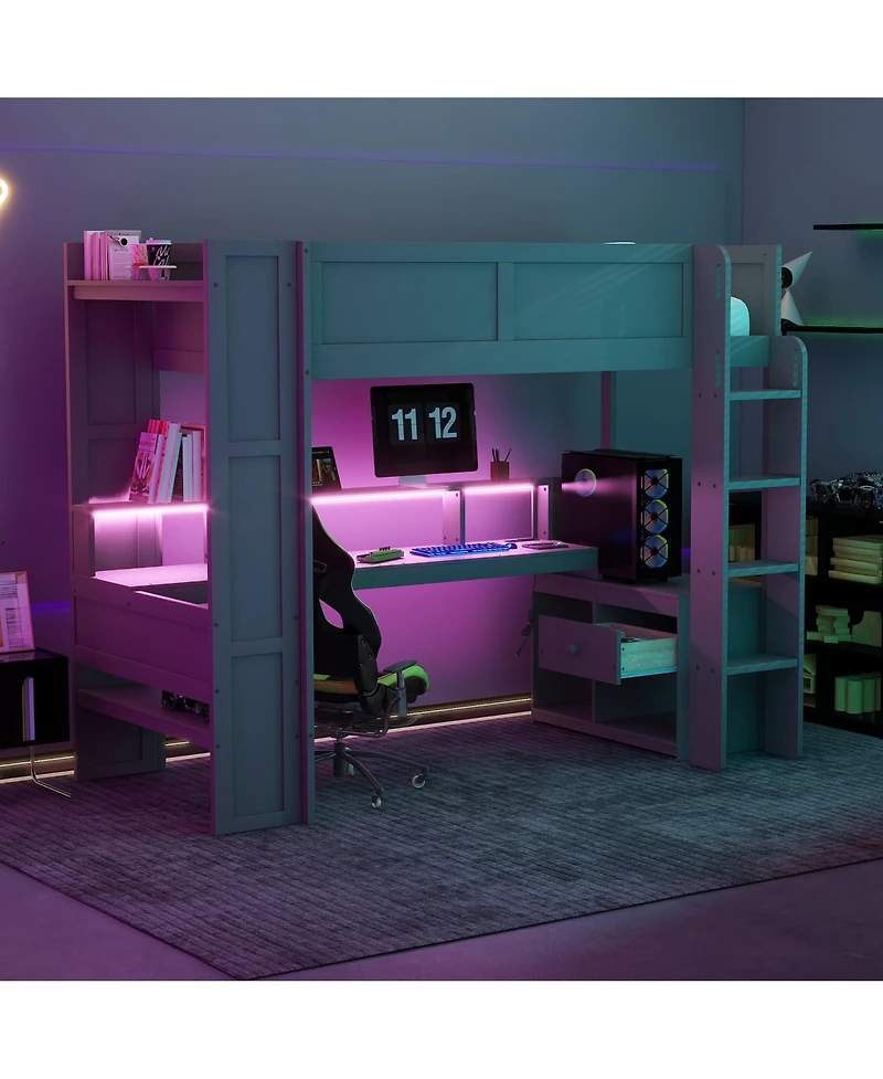 Flynama Twin Size Gaming Loft Bed Built In Desk Charging Station Storage Shelves Led Lighting Space Saving Kids Teens Furniture