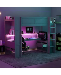 Flynama Twin Size Gaming Loft Bed Built In Desk Charging Station Storage Shelves Led Lighting Space Saving Kids Teens Furniture