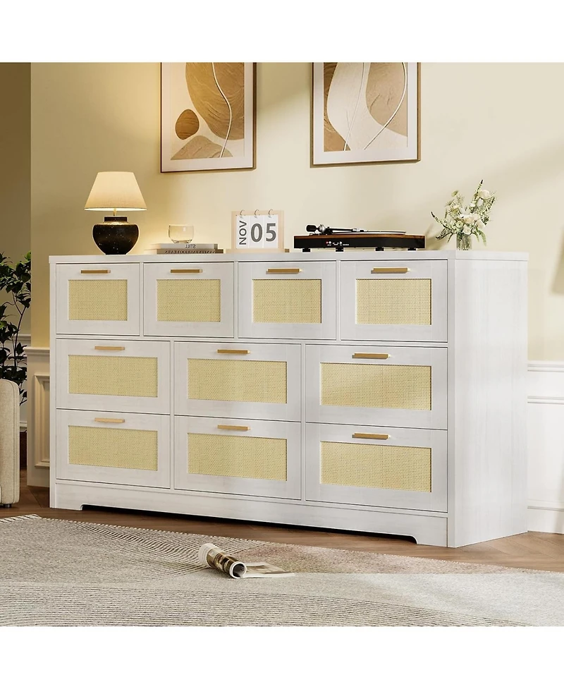 gaomon Rattan Dresser with 10 Drawers, Wide Storage Chest with Tabletop