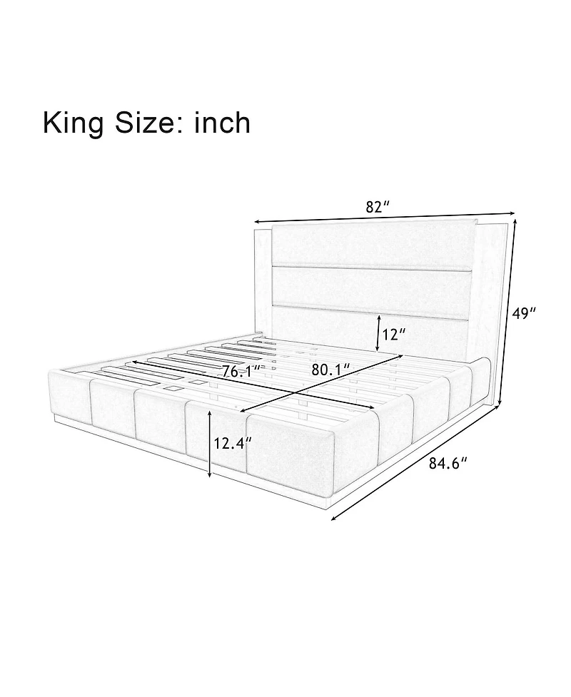 Streamdale Furniture Velvet Upholstered King Bed Frame with Extended Wood Headboard