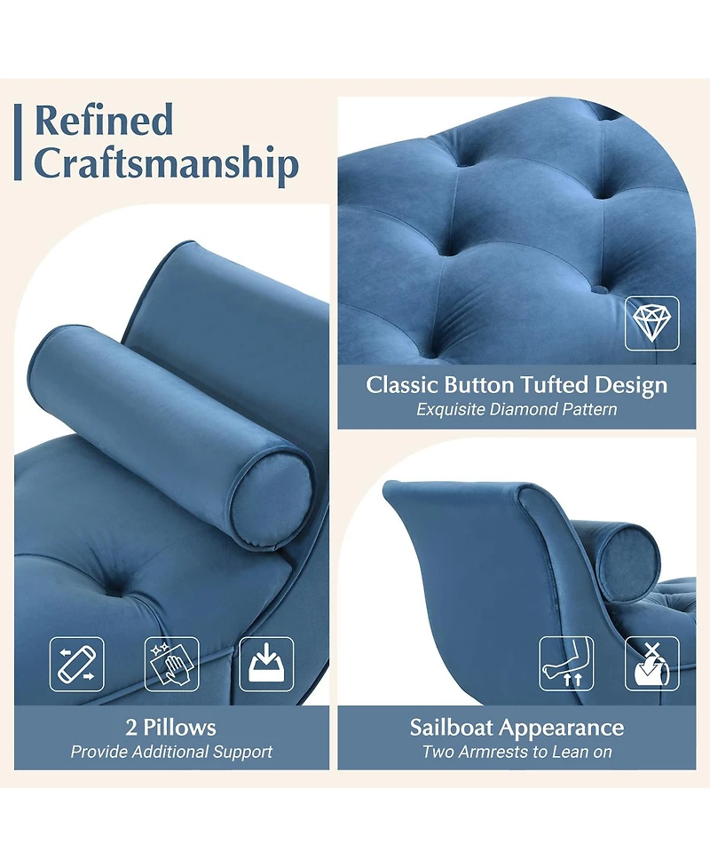 Streamdale Furniture Upholstered Velvet Bench with 2 Pillows and Rolled Arms