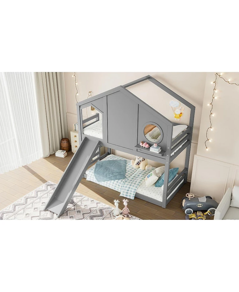 Streamdale Furniture Twin House Bunk Bed with Slide & Storage Shelves, Solid Wood Loft Bed