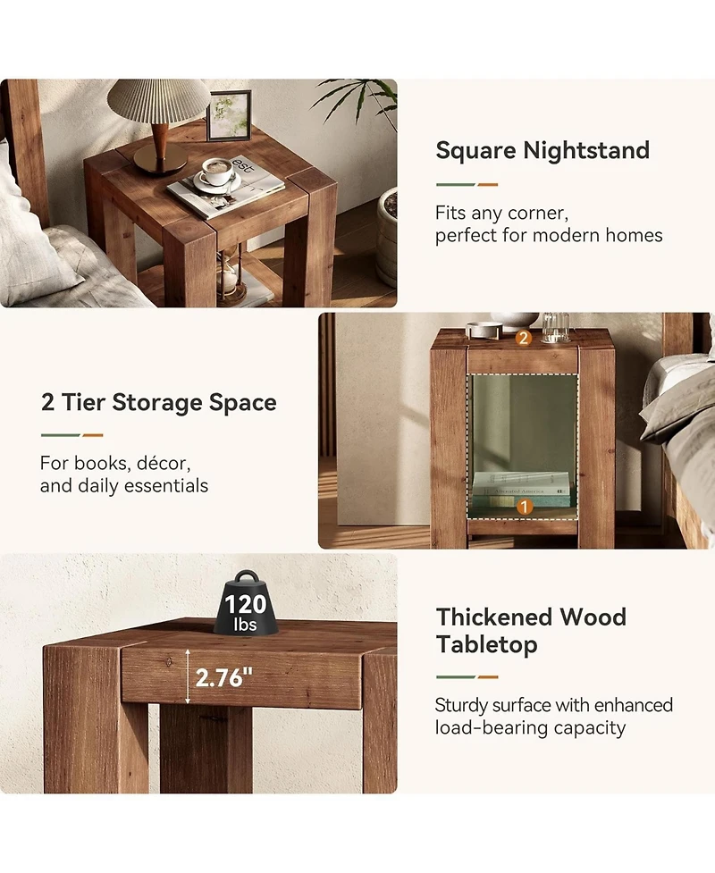 Tribesigns 19.69" Solid Wood Side Table Set of 2, Farmhouse 2-Tier End Table with Storage Shelves