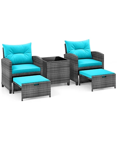 Gymax 5 Piece Patio Rattan Furniture w/ 2 Ottomans & Tempered Glass Coffee Table Outdoor