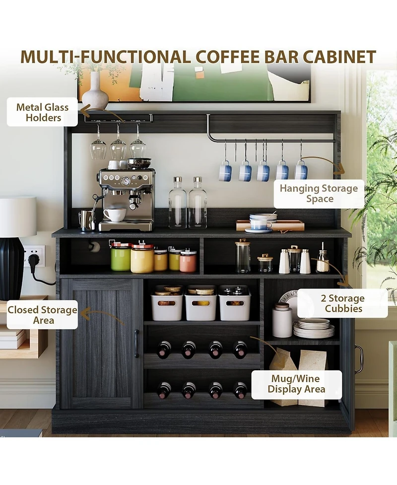 gaomon 47" Farmhouse Coffee Bar Cabinet with Charging Station & Wine Racks Rustic Wood Kitchen Buffet Cabinet Wine Bar Table for Dining & Living